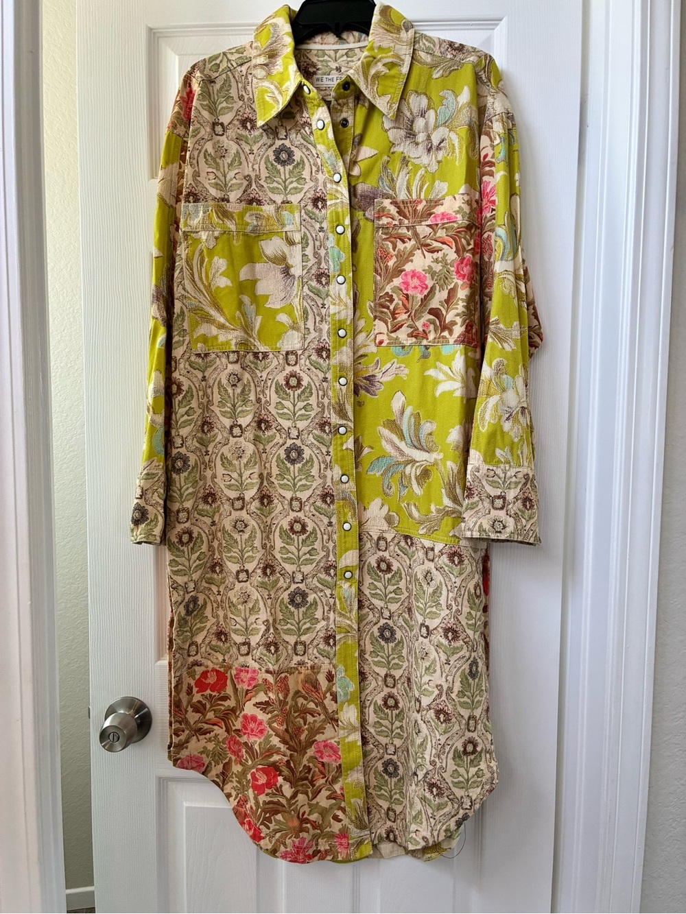 We The Free Citron Green Merry Muse Midi Patchwork Button-Up Shirt